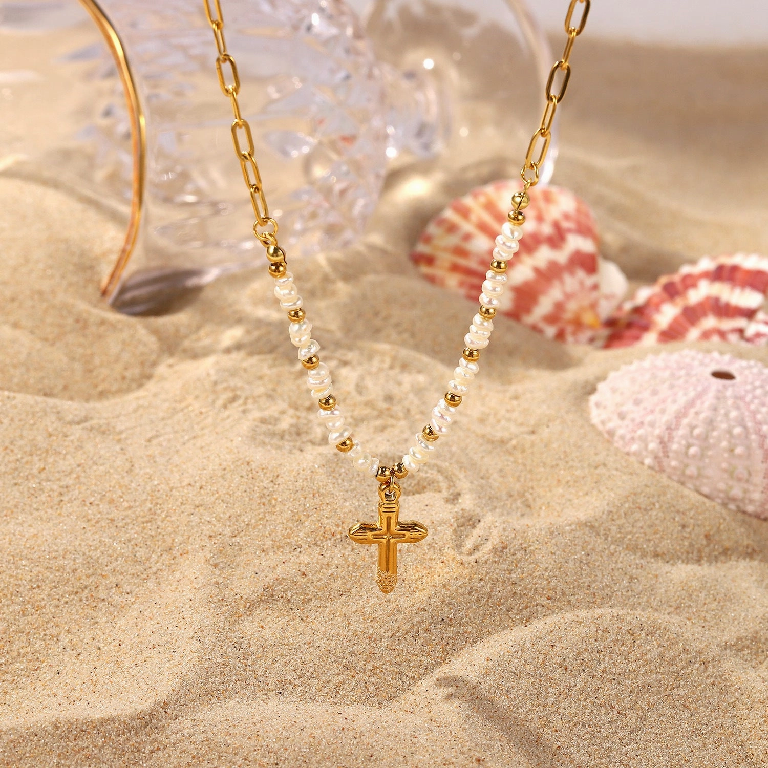 Wholesale Stainless Steel Gold Plated Cross Pendant Rice Bead Stitching Necklace