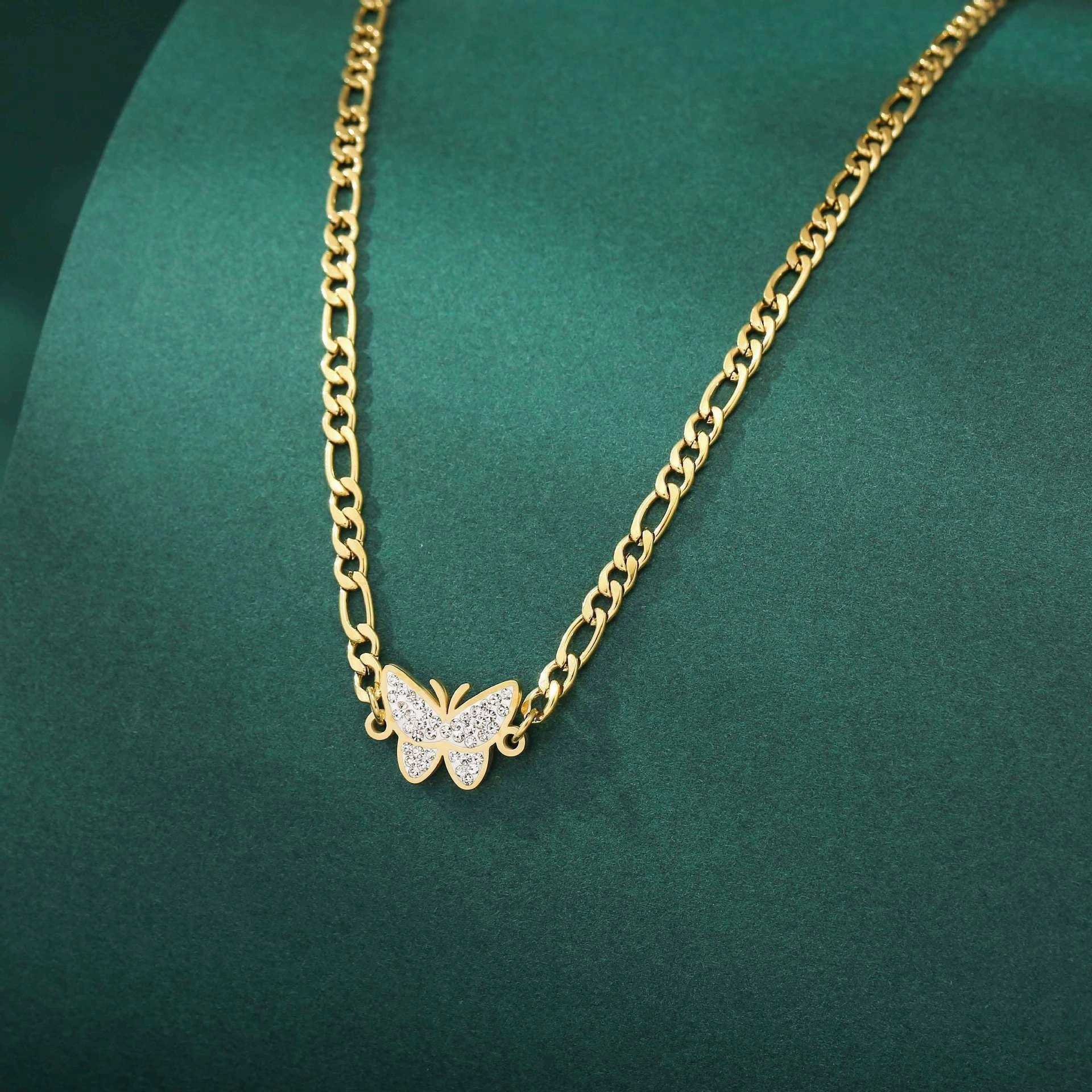 Wholesale Stainless Steel Gold Plated Diamond Butterfly Clavicle Necklace