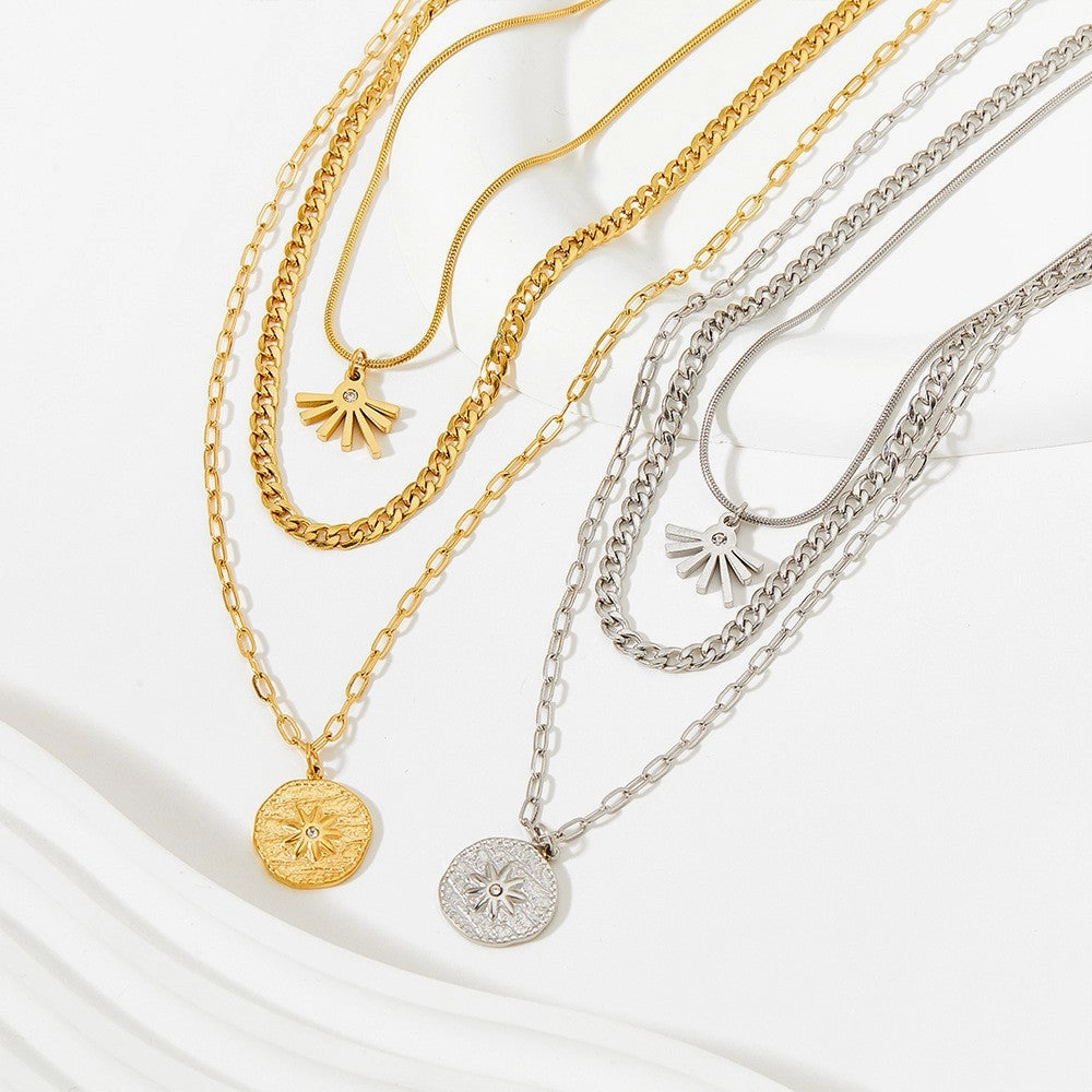 Wholesale Stainless Steel Gold-plated Geometric Medal Sun Flower Pendant Clavicle Necklace