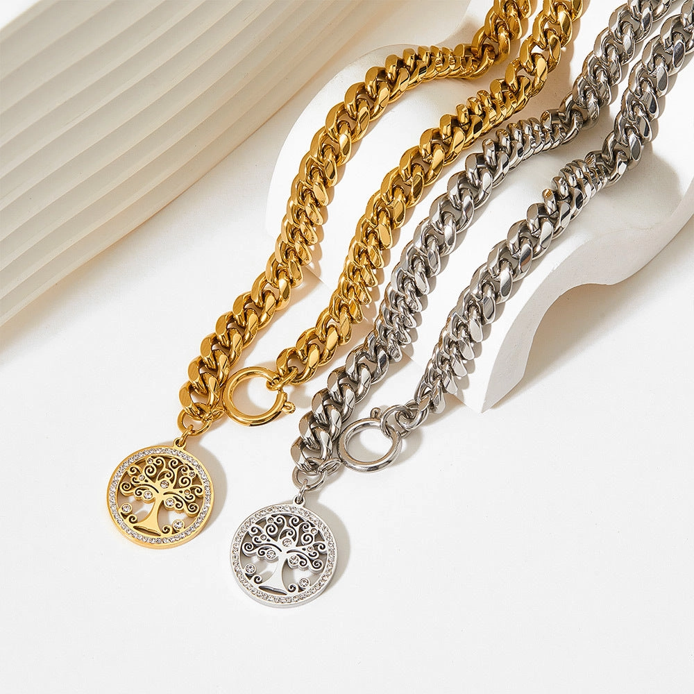 Wholesale Stainless Steel Gold Plated Hollow Tree of Life Temperament Clavicle Necklace
