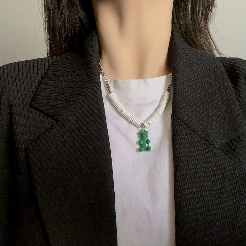 Wholesale Stainless Steel Green Bear Necklace