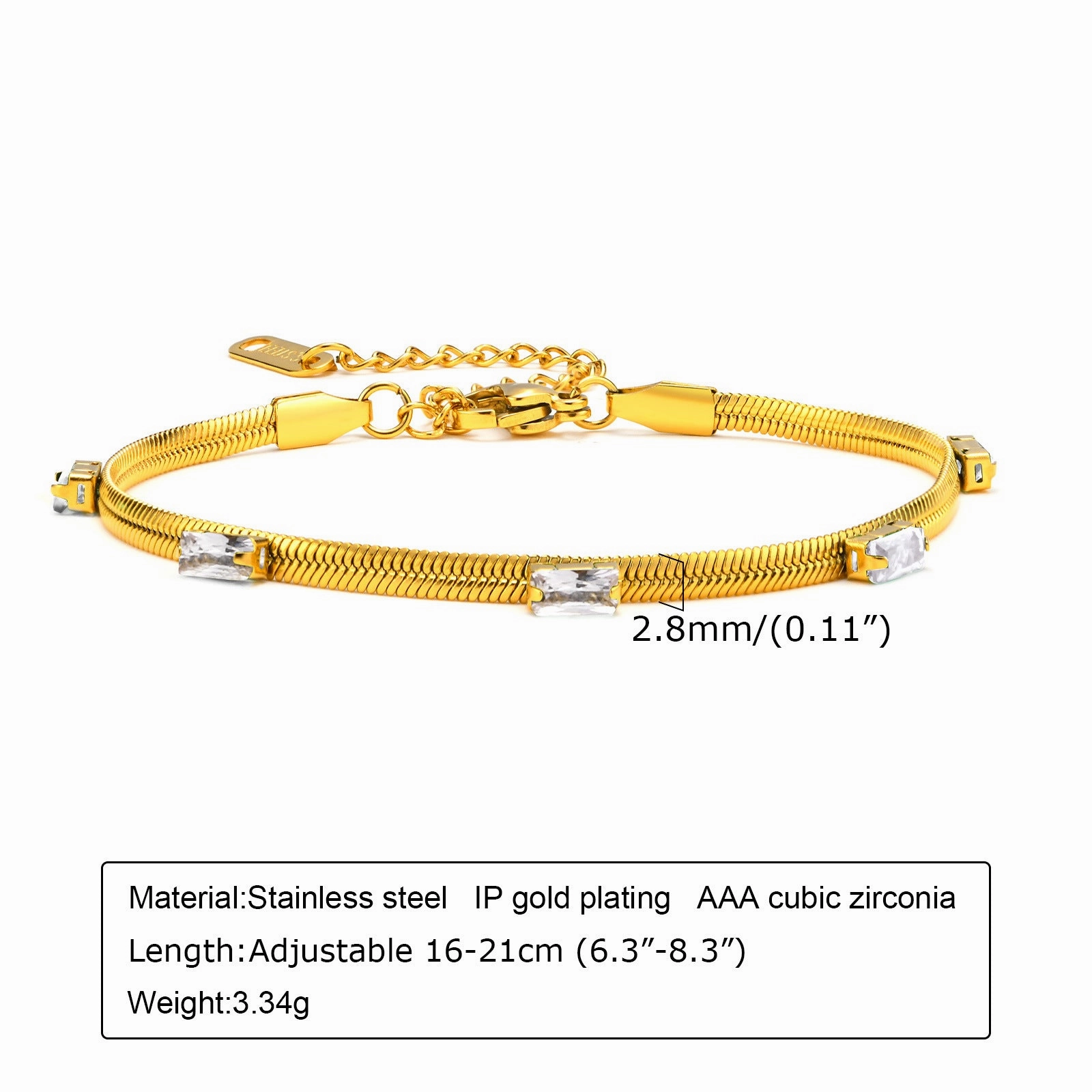 Wholesale Stainless Steel Green Zirconia Corrugated Chain Flat Snake Chain Bracelet