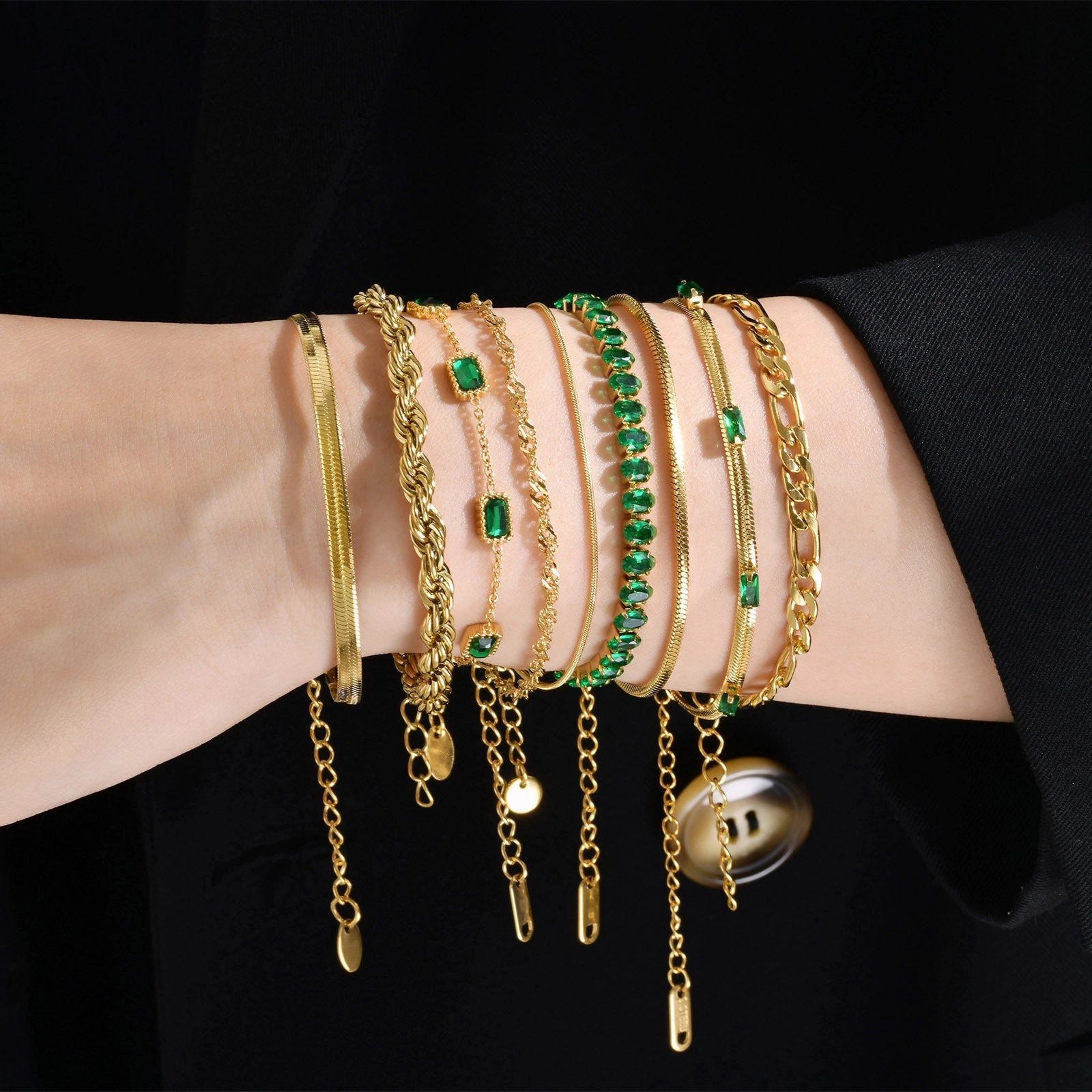 Wholesale Stainless Steel Green Zirconia Corrugated Chain Flat Snake Chain Bracelet