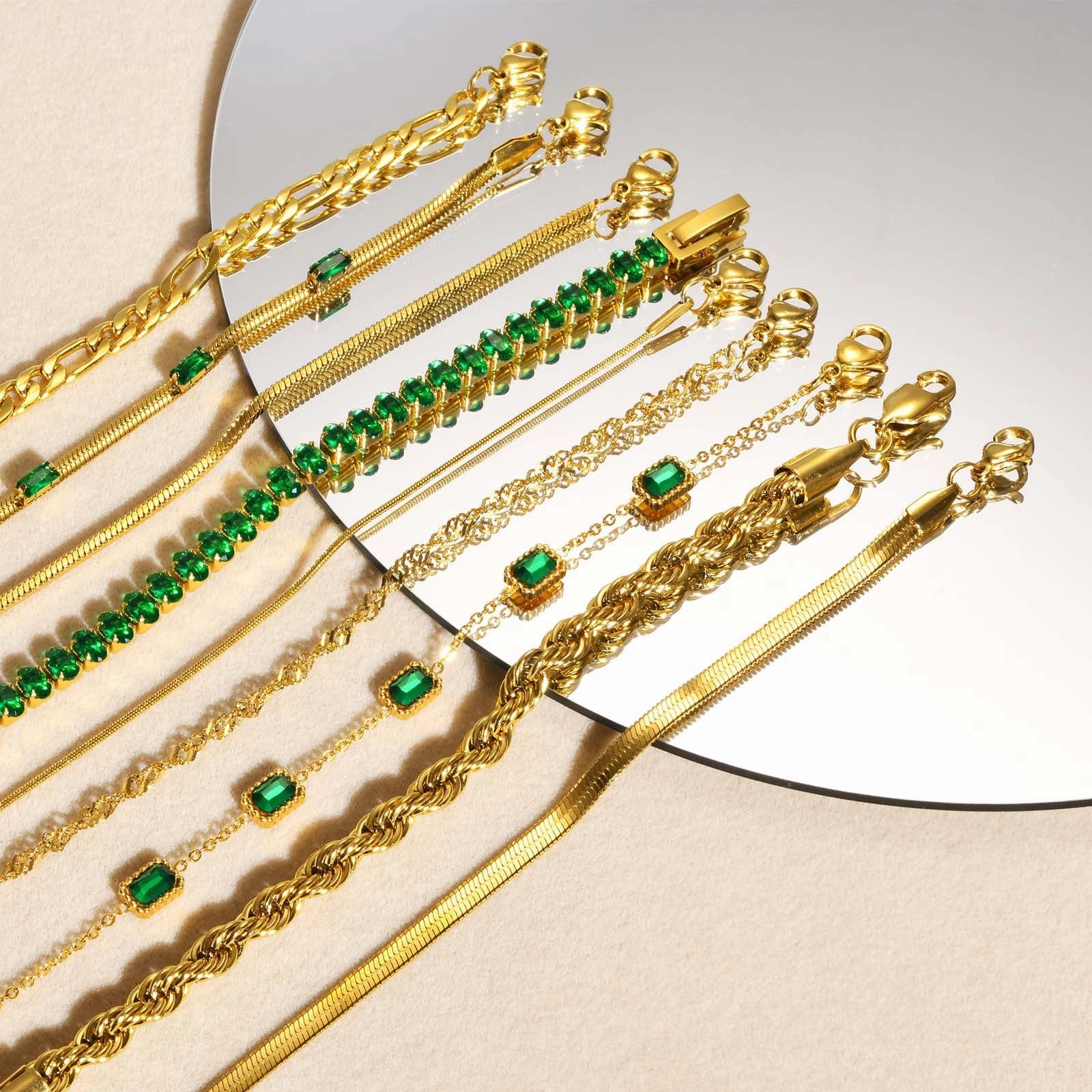 Wholesale Stainless Steel Green Zirconia Corrugated Chain Flat Snake Chain Bracelet