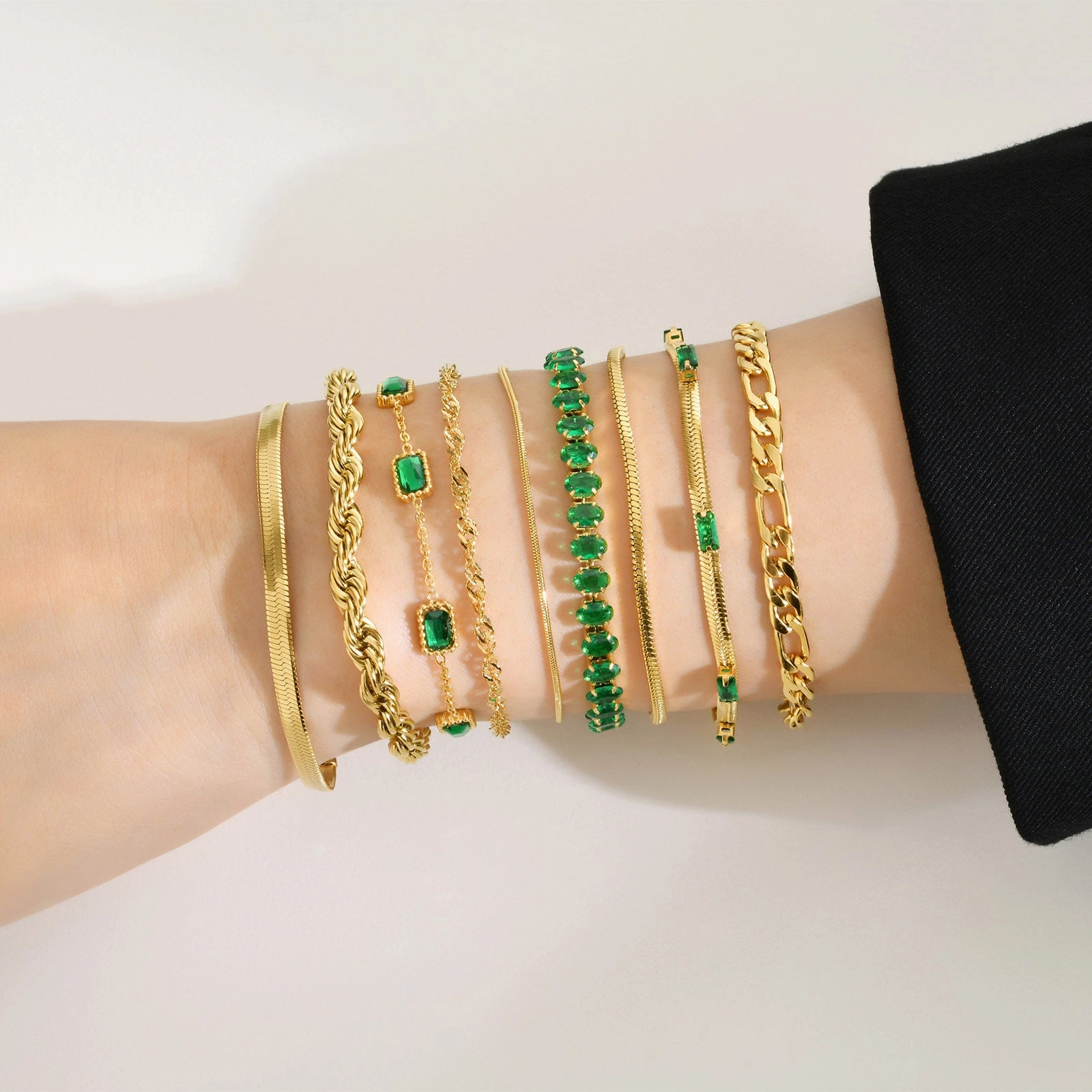 Wholesale Stainless Steel Green Zirconia Corrugated Chain Flat Snake Chain Bracelet