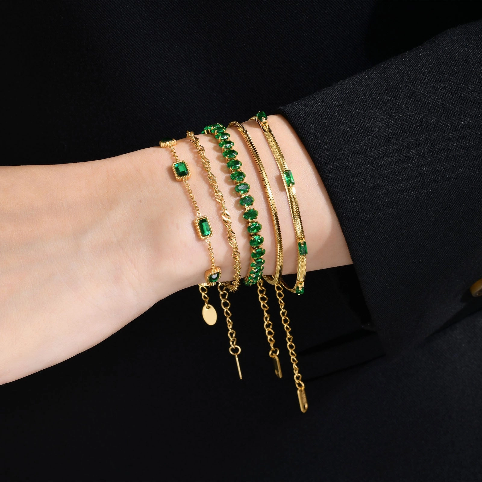Wholesale Stainless Steel Green Zirconia Corrugated Chain Flat Snake Chain Bracelet