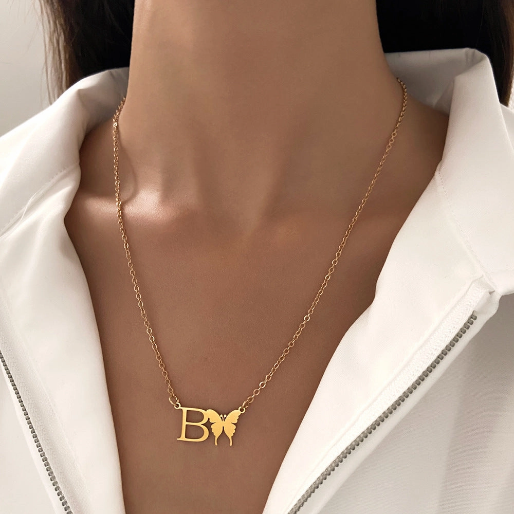 Wholesale Stainless Steel Letter Butterfly Clavicle Chain Necklace