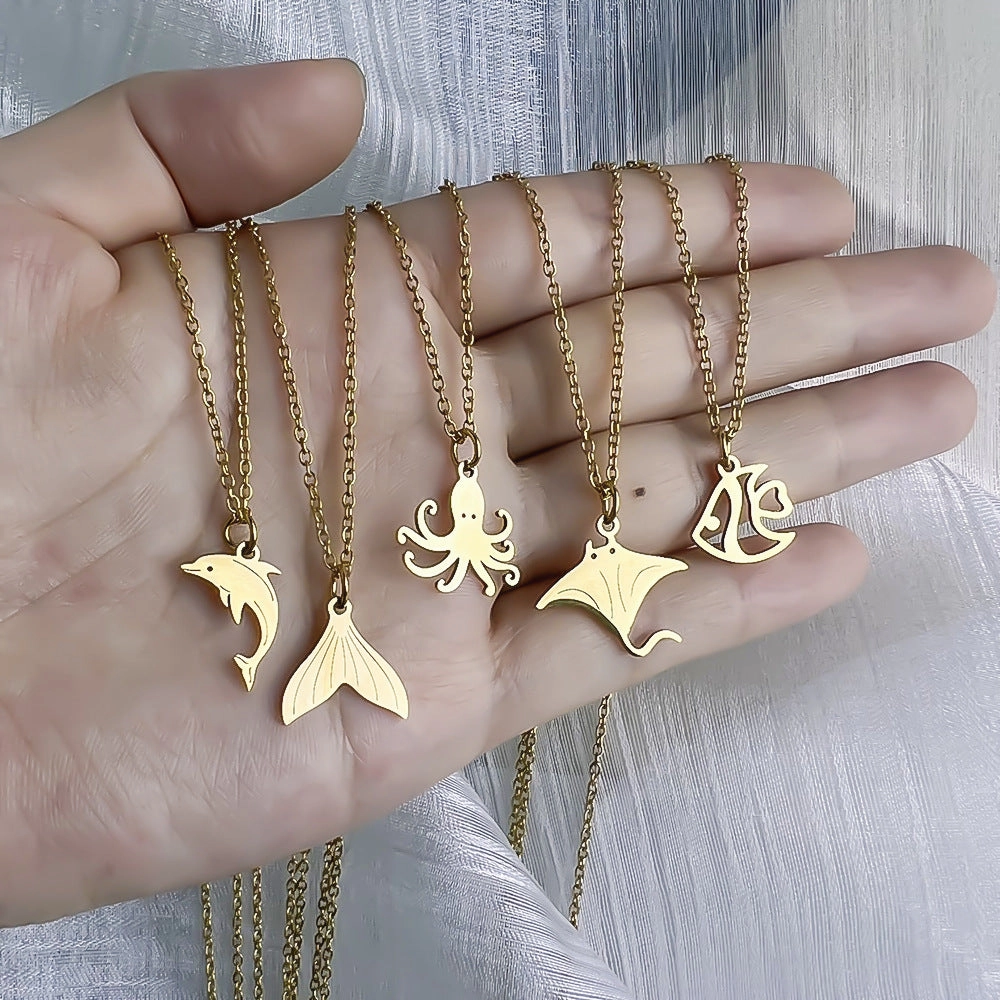 Wholesale Stainless Steel Marine Series 18K Gold Fishtail Dolphin Necklace Clavicle Chain