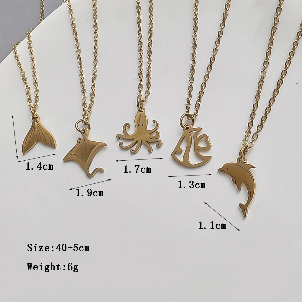 Wholesale Stainless Steel Marine Series 18K Gold Fishtail Dolphin Necklace Clavicle Chain