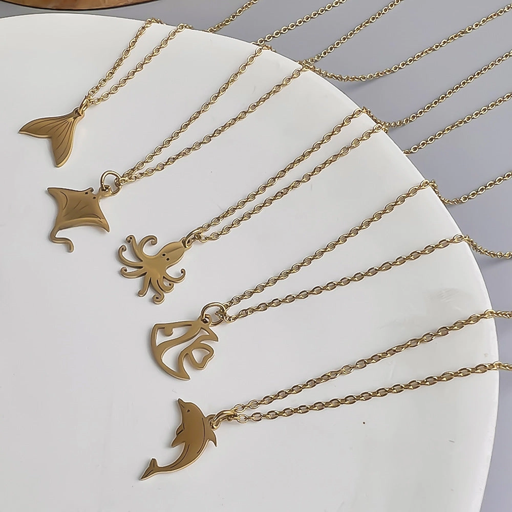 Wholesale Stainless Steel Marine Series 18K Gold Fishtail Dolphin Necklace Clavicle Chain
