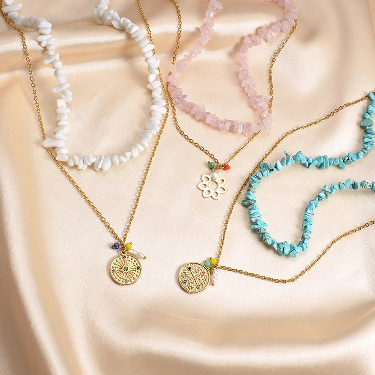 Wholesale Stainless Steel Medal Pendant Multicolor Natural Gravel Double Layer Necklace