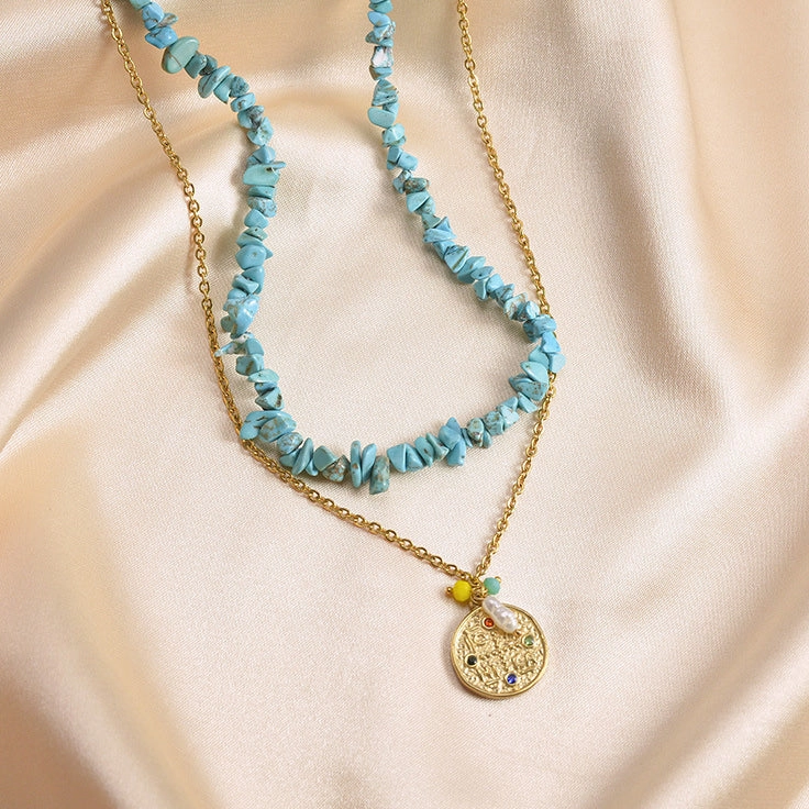 Wholesale Stainless Steel Medal Pendant Multicolor Natural Gravel Double Layer Necklace