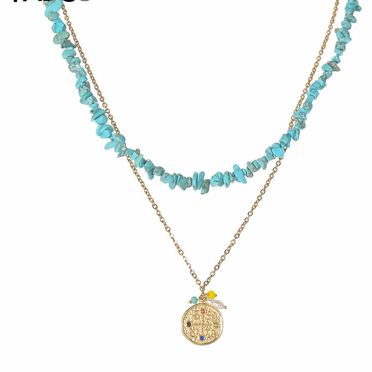 Wholesale Stainless Steel Medal Pendant Multicolor Natural Gravel Double Layer Necklace