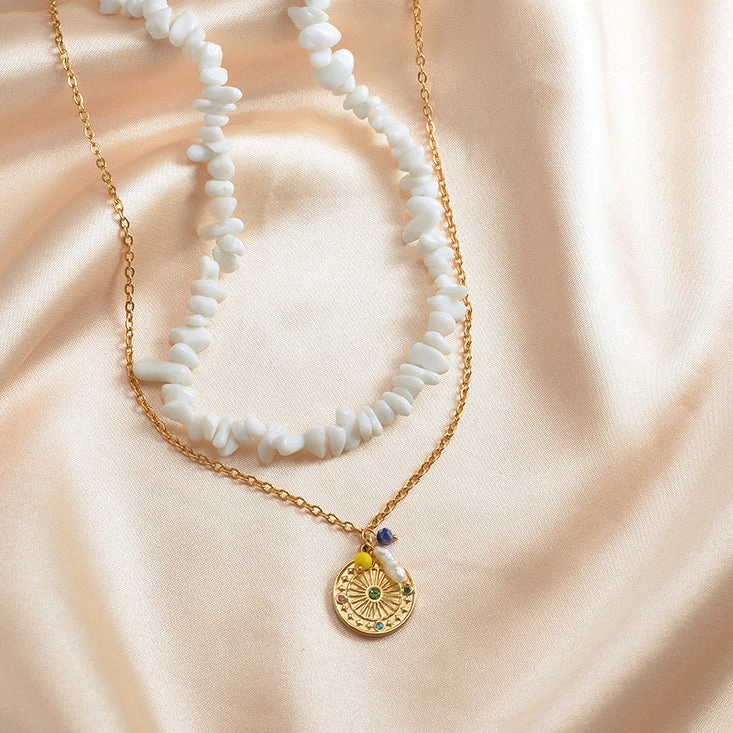 Wholesale Stainless Steel Medal Pendant Multicolor Natural Gravel Double Layer Necklace