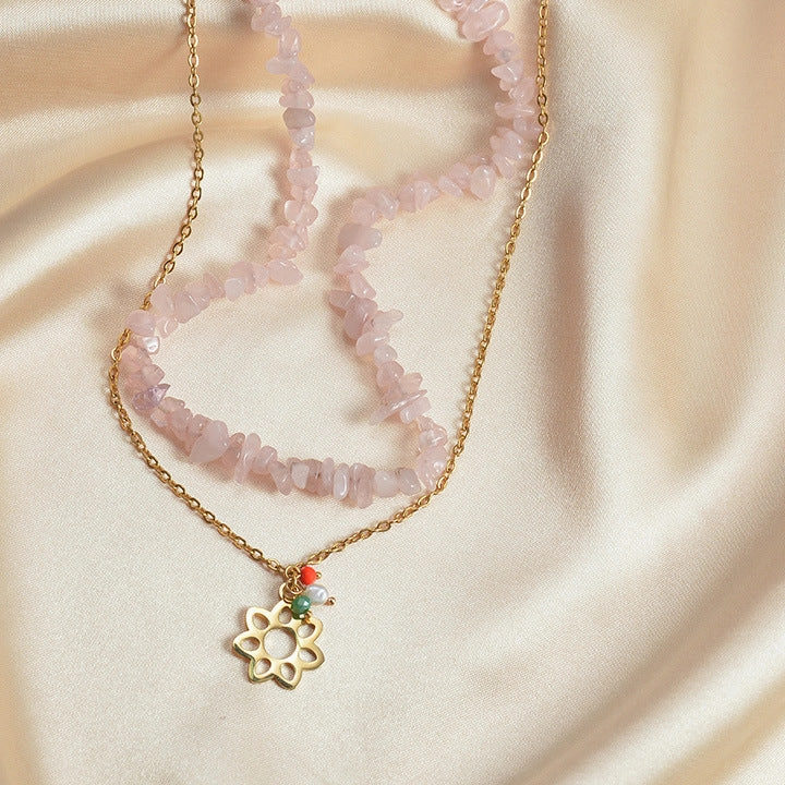 Wholesale Stainless Steel Medal Pendant Multicolor Natural Gravel Double Layer Necklace