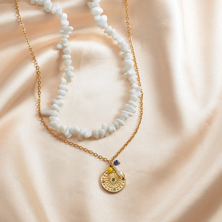 Wholesale Stainless Steel Medal Pendant Multicolor Natural Gravel Double Layer Necklace