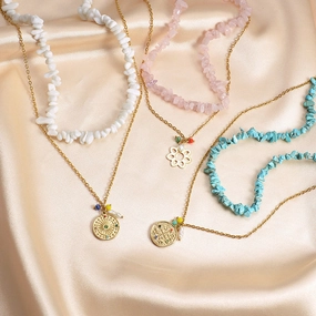 Wholesale Stainless Steel Medal Pendant Multicolor Natural Gravel Double Layer Necklace