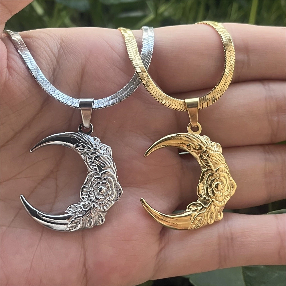 Wholesale Stainless Steel Moon Pendant Flat Snake Chain Necklace