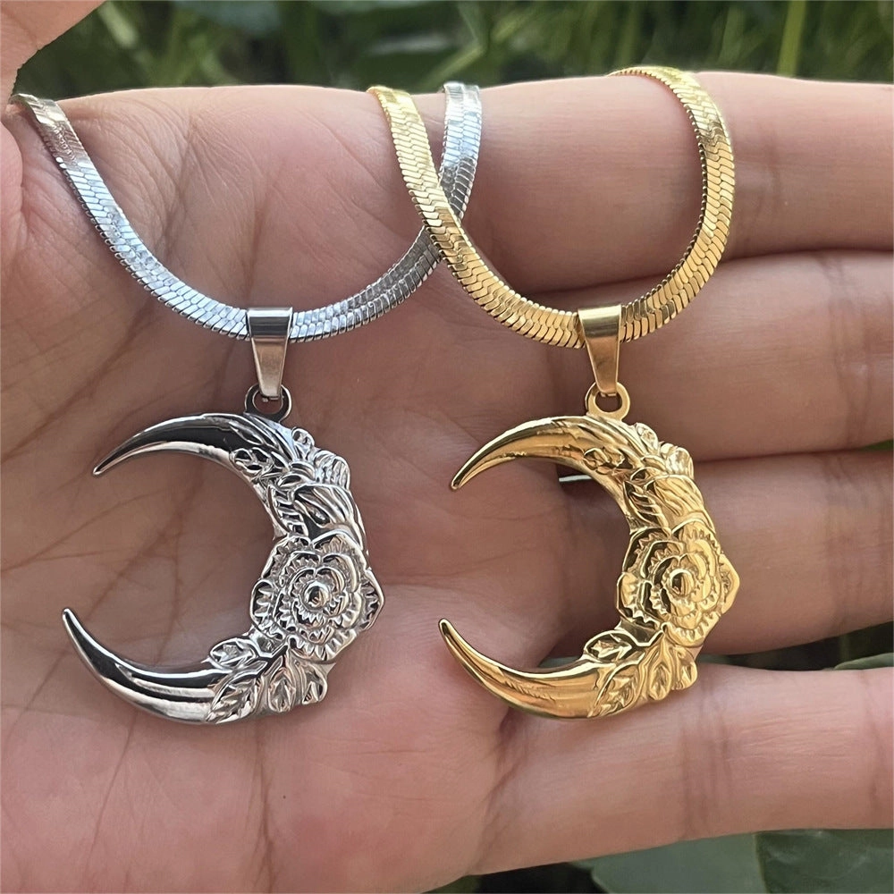 Wholesale Stainless Steel Moon Pendant Flat Snake Chain Necklace