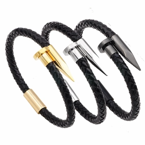 Wholesale Stainless Steel Nails Leather Bracelet