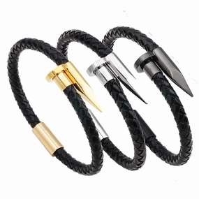 Wholesale Stainless Steel Nails Leather Bracelet