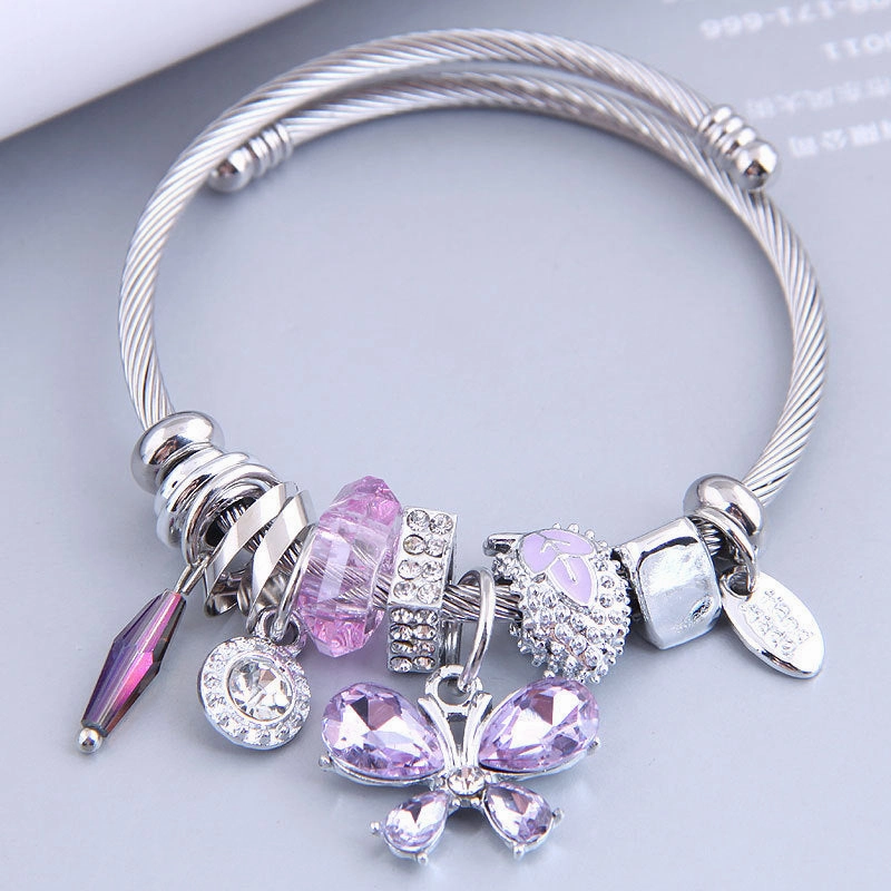 Wholesale Stainless Steel Open Butterfly Crystal Tassel Crystal Beads Beaded Bracelet