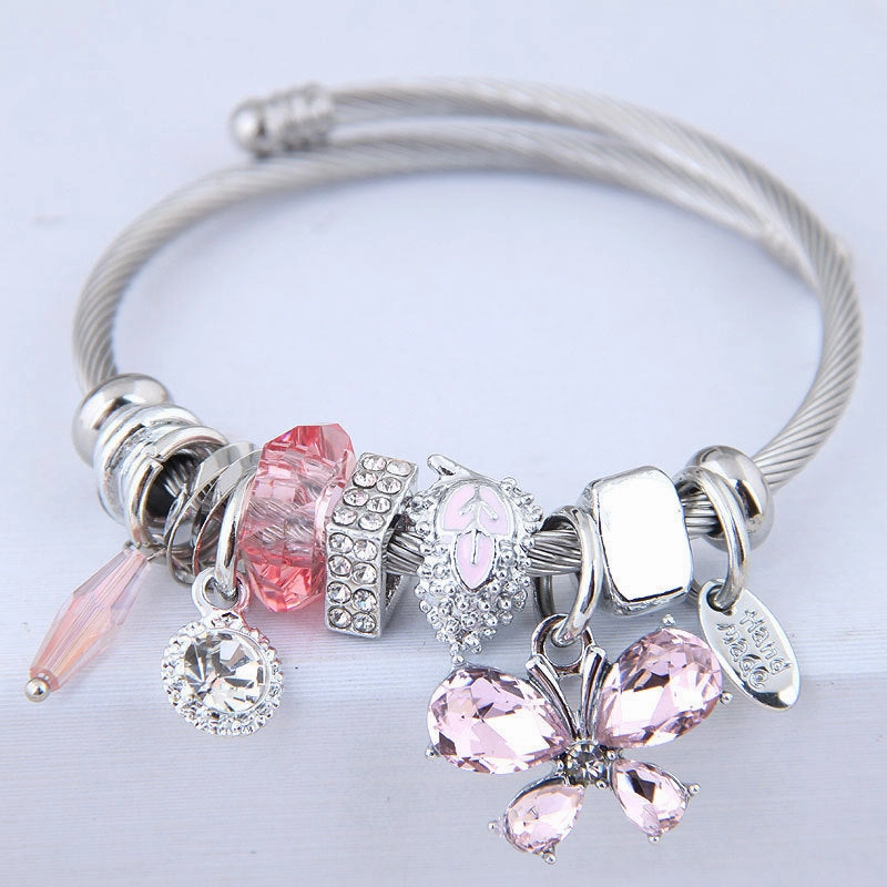 Wholesale Stainless Steel Open Butterfly Crystal Tassel Crystal Beads Beaded Bracelet
