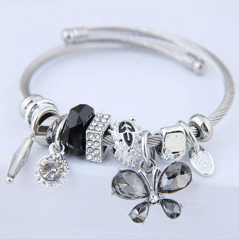 Wholesale Stainless Steel Open Butterfly Crystal Tassel Crystal Beads Beaded Bracelet