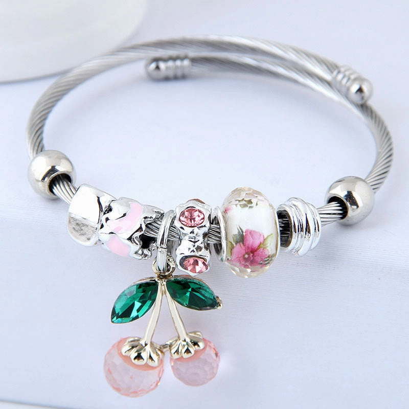 Wholesale Stainless Steel Open Cherry Crystal Beaded Bracelet