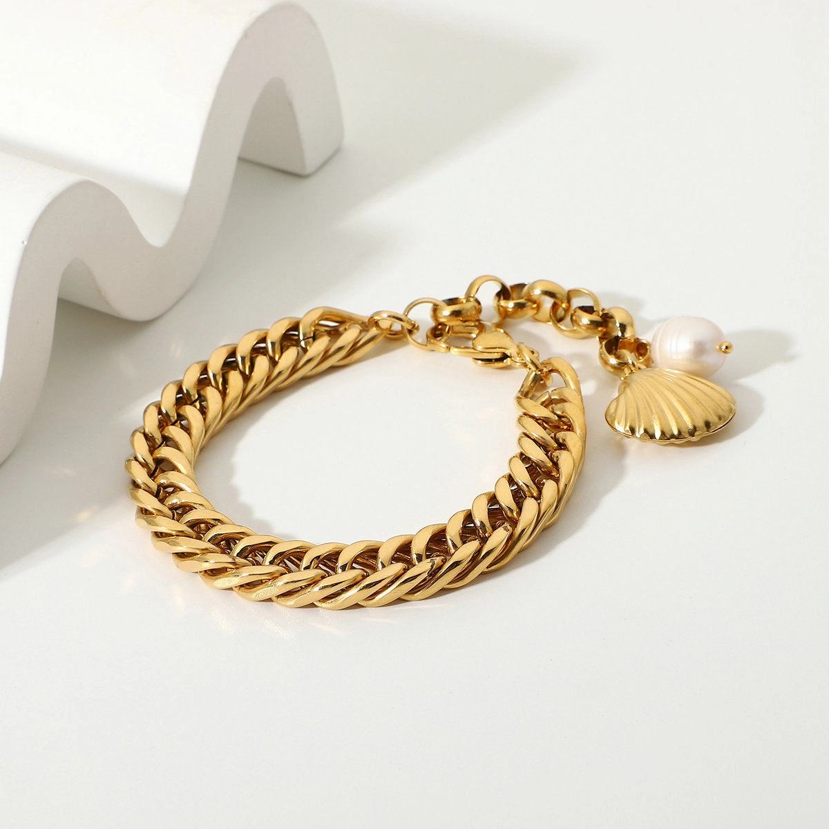 Wholesale Stainless Steel Pearl 18K Gold Plated Cuban Chain Bracelet