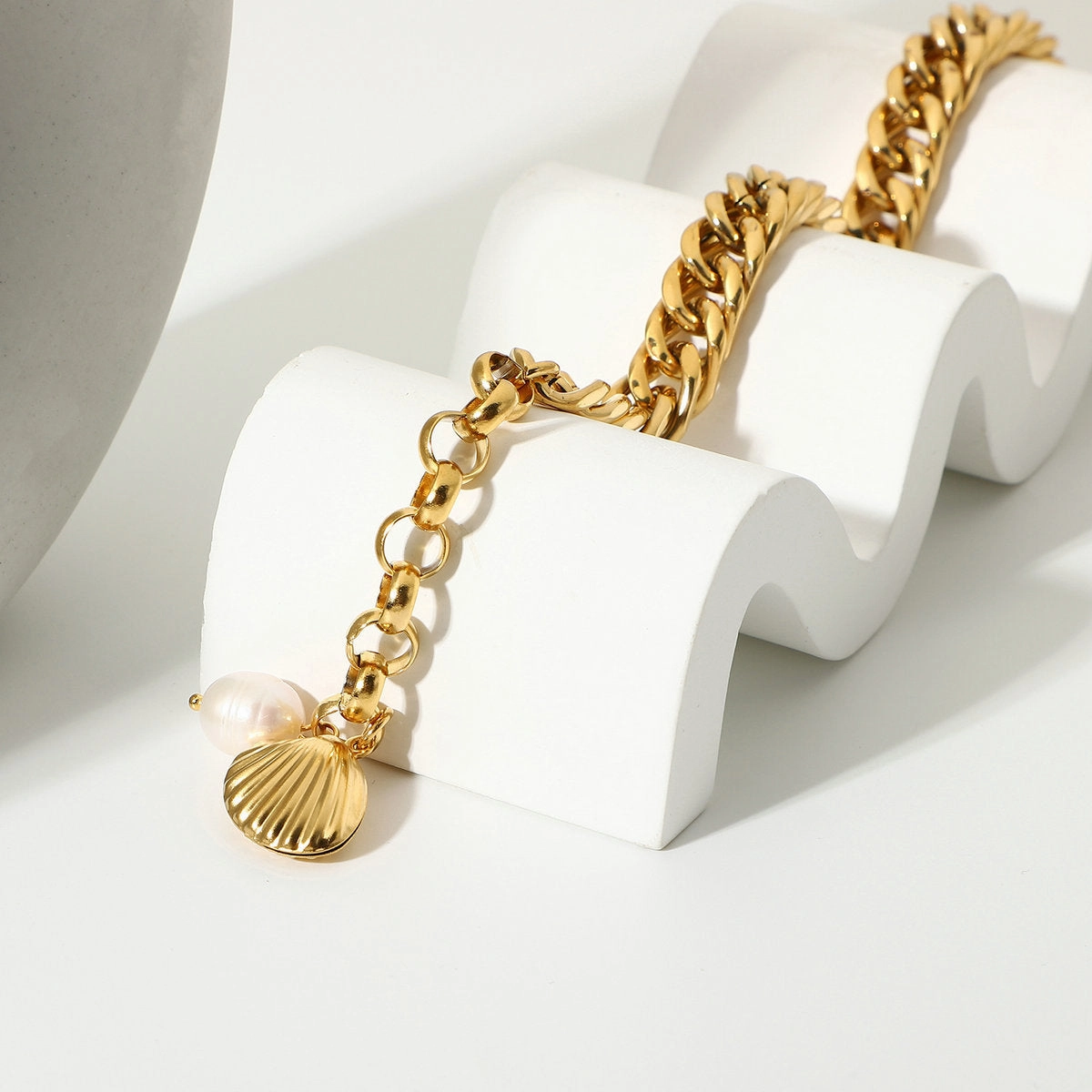 Wholesale Stainless Steel Pearl 18K Gold Plated Cuban Chain Bracelet