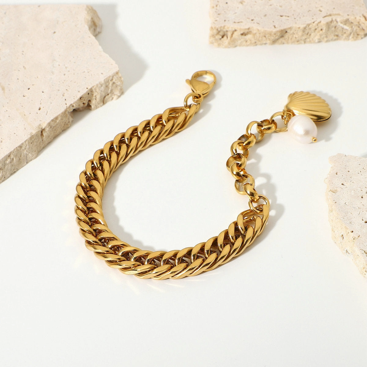 Wholesale Stainless Steel Pearl 18K Gold Plated Cuban Chain Bracelet