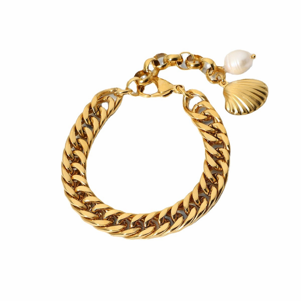 Wholesale Stainless Steel Pearl 18K Gold Plated Cuban Chain Bracelet