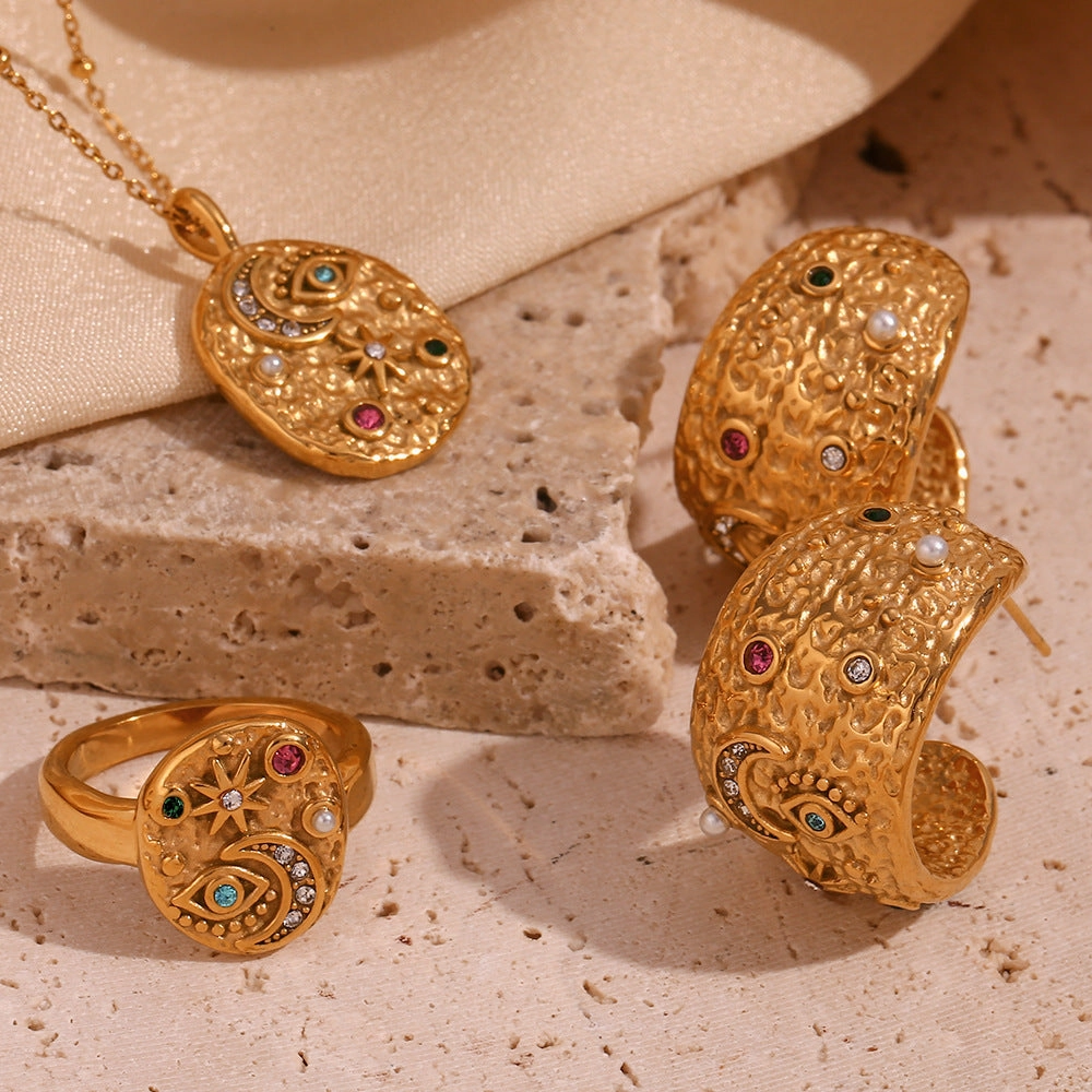 Wholesale Stainless Steel Plated 18K Gold Star and Moon Round Necklace Earrings Ring