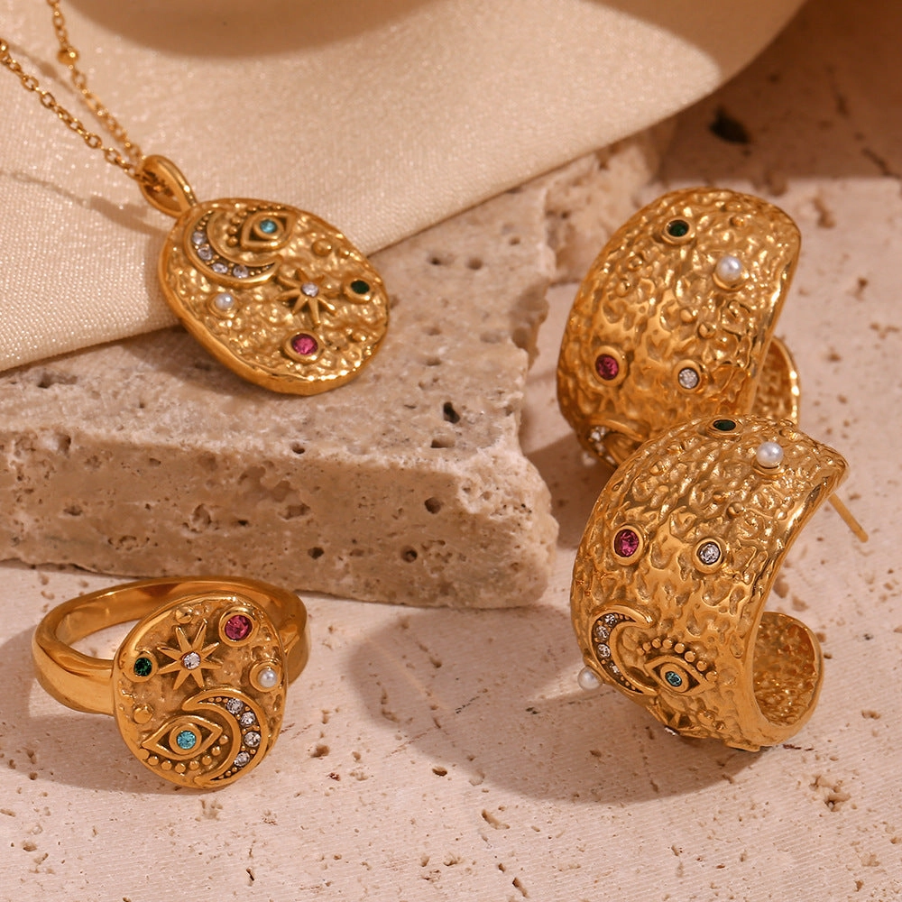 Wholesale Stainless Steel Plated 18K Gold Star and Moon Round Necklace Earrings Ring