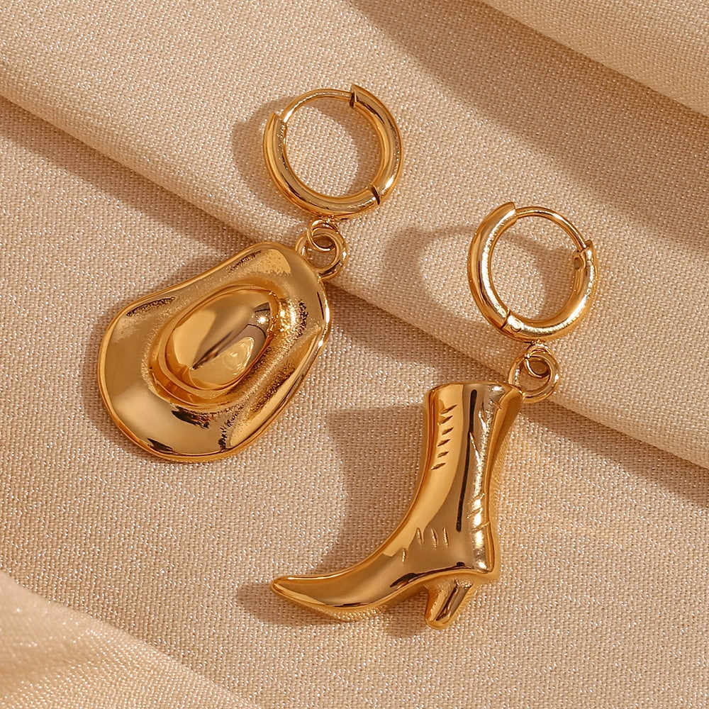 Wholesale Stainless Steel Plated 18K Gold Western Cowboy Boots Hat Earrings