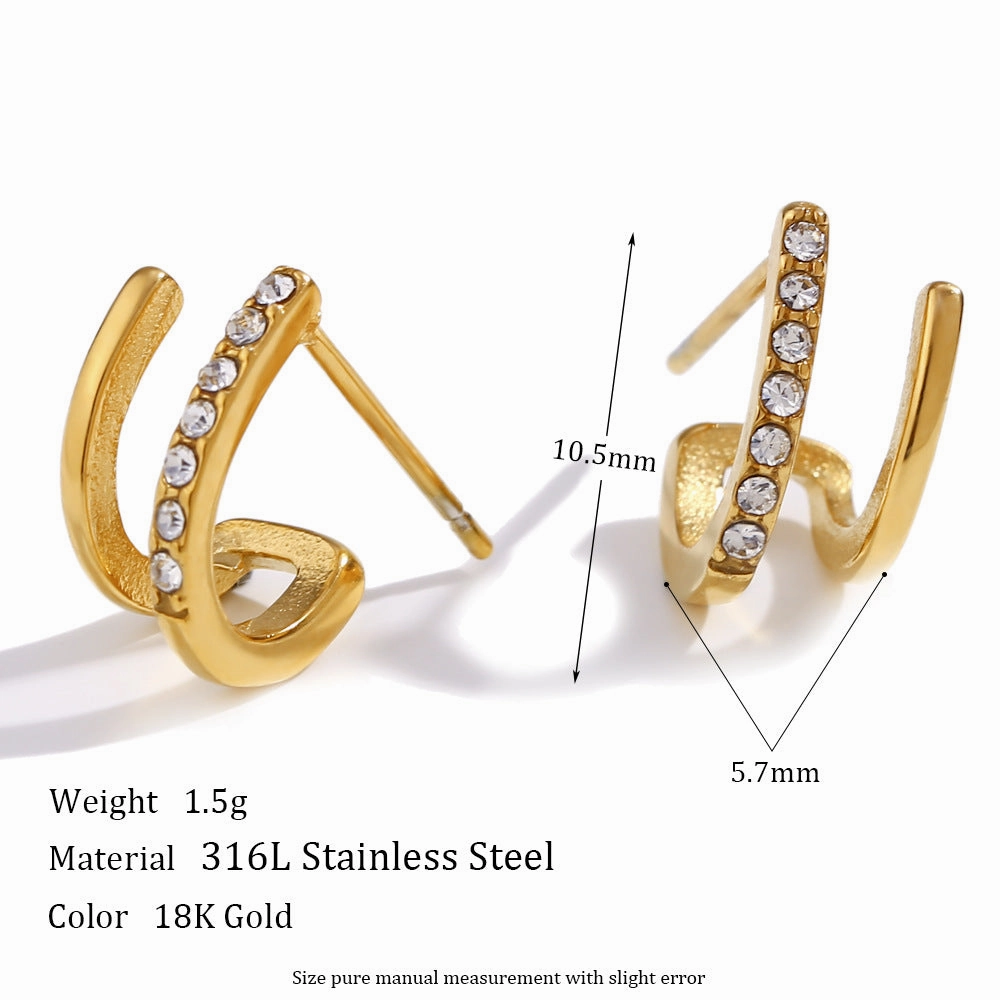 Wholesale Stainless Steel Plated 18K Mini Double Layer Inlaid Zirconium Earrings
