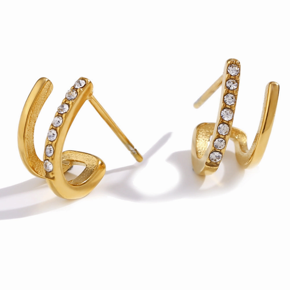 Wholesale Stainless Steel Plated 18K Mini Double Layer Inlaid Zirconium Earrings