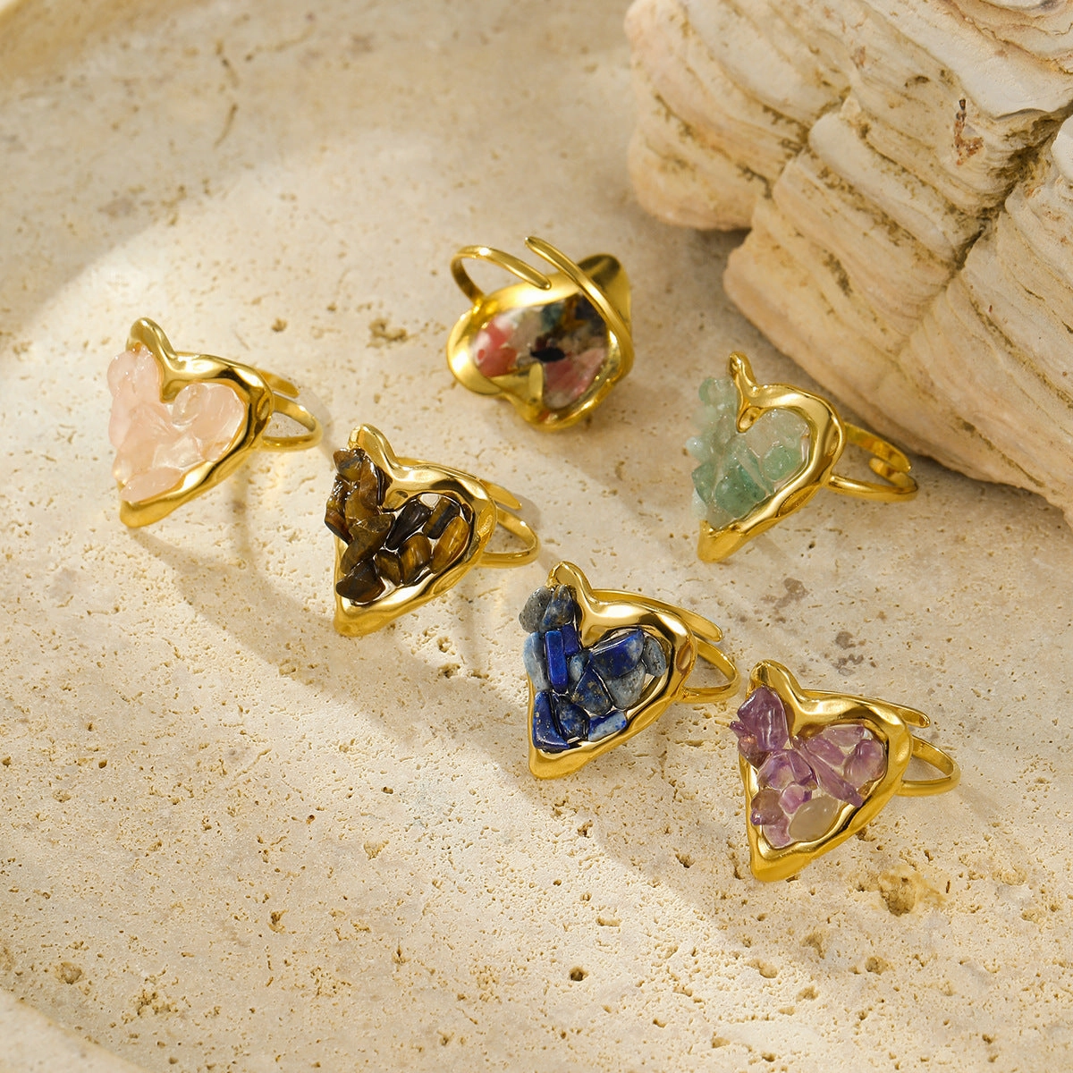 Wholesale Stainless steel plated heart ring with natural stone