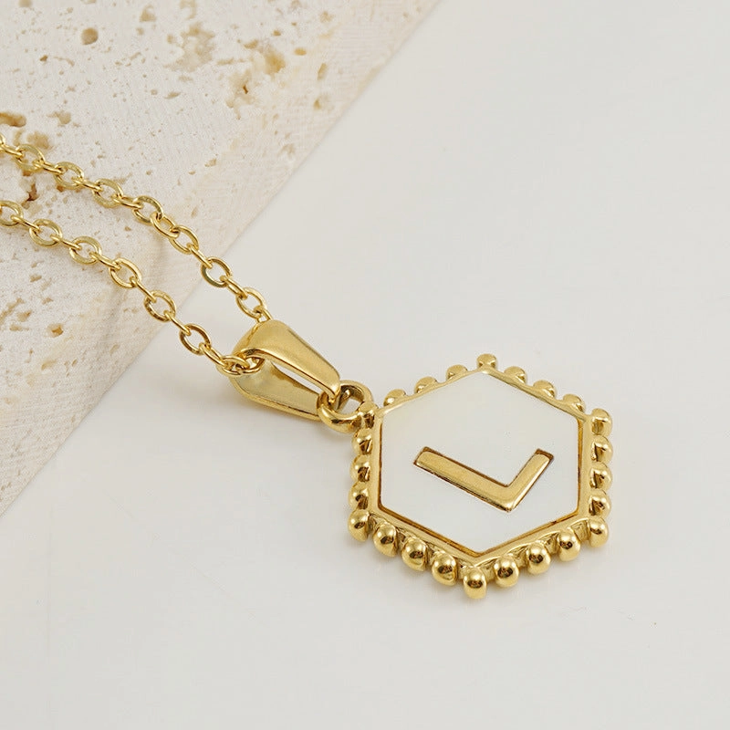 Wholesale Stainless Steel Plated Hexagonal Natural Shell Letter Pendant 18K Necklace