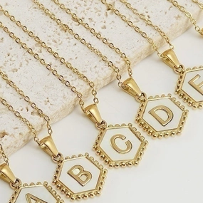 Wholesale Stainless Steel Plated Hexagonal Natural Shell Letter Pendant 18K Necklace