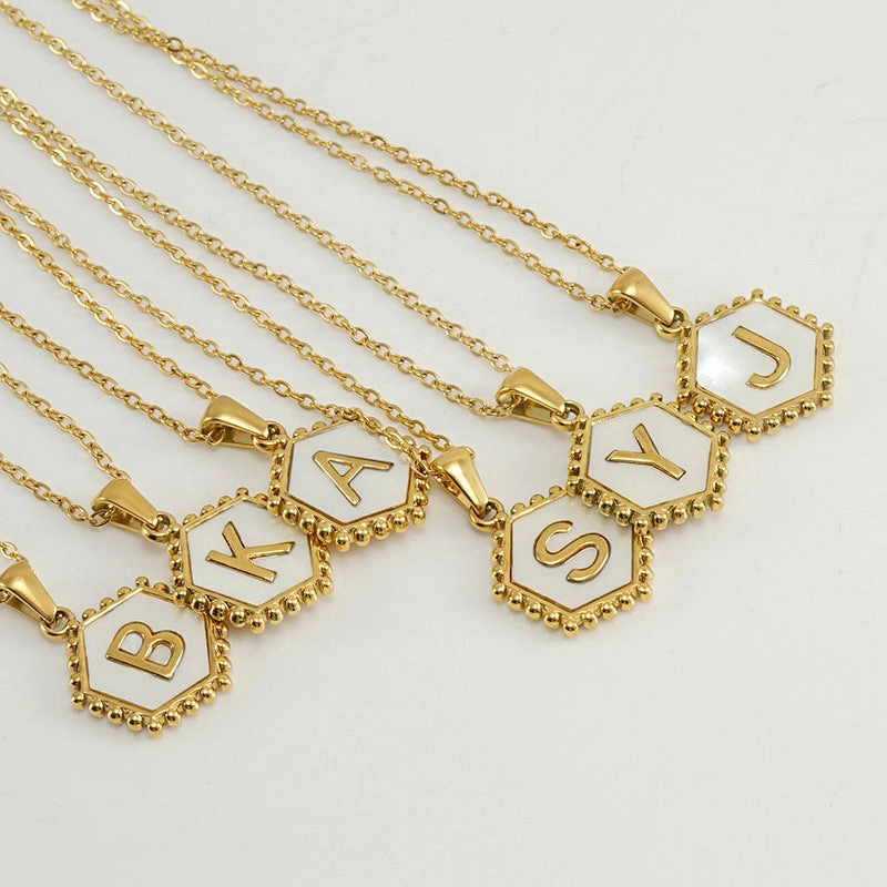 Wholesale Stainless Steel Plated Hexagonal Natural Shell Letter Pendant 18K Necklace