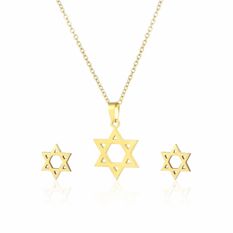 Wholesale Stainless Steel Simple Hollow 18K Gold Star Necklace Earring Set