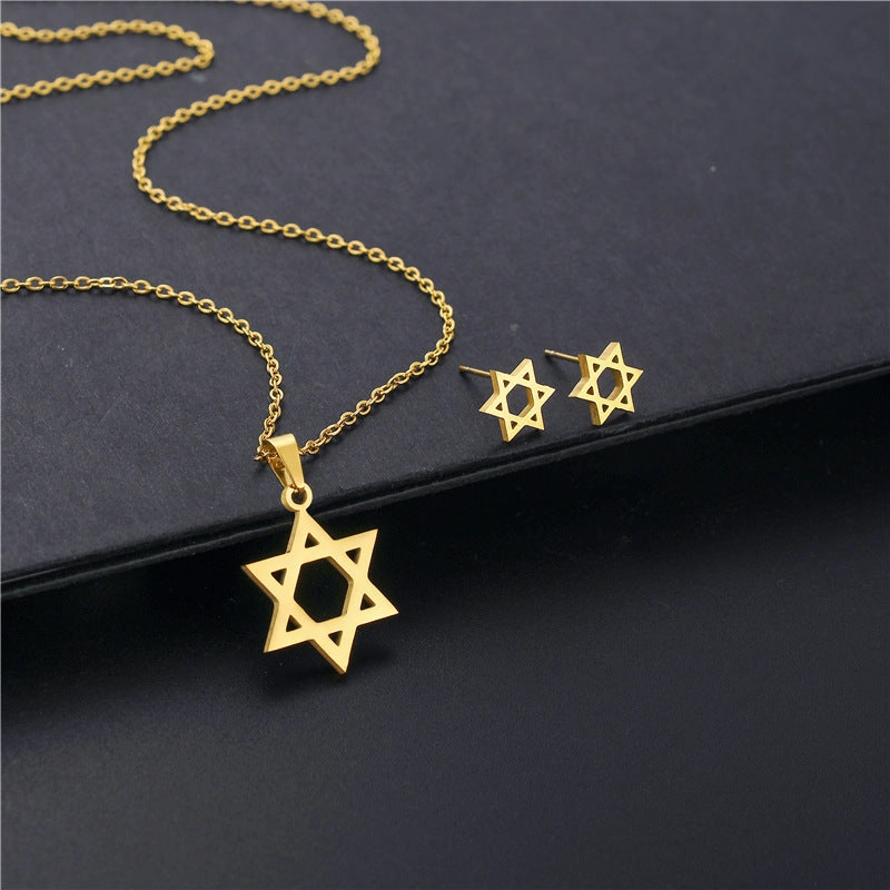 Wholesale Stainless Steel Simple Hollow 18K Gold Star Necklace Earring Set