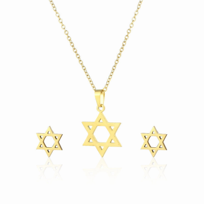 Wholesale Stainless Steel Simple Hollow 18K Gold Star Necklace Earring Set