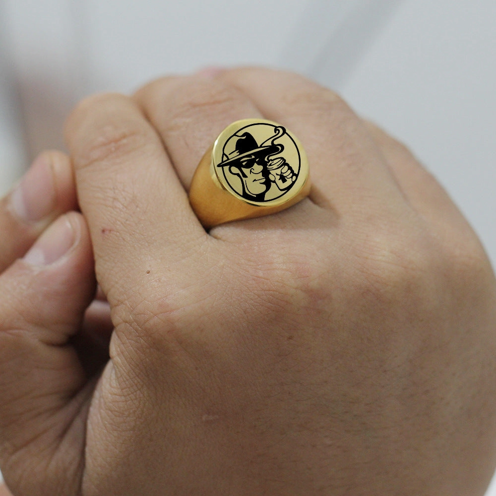 Wholesale Stainless Steel Smooth Laser Cartoon Painted Men's Rings