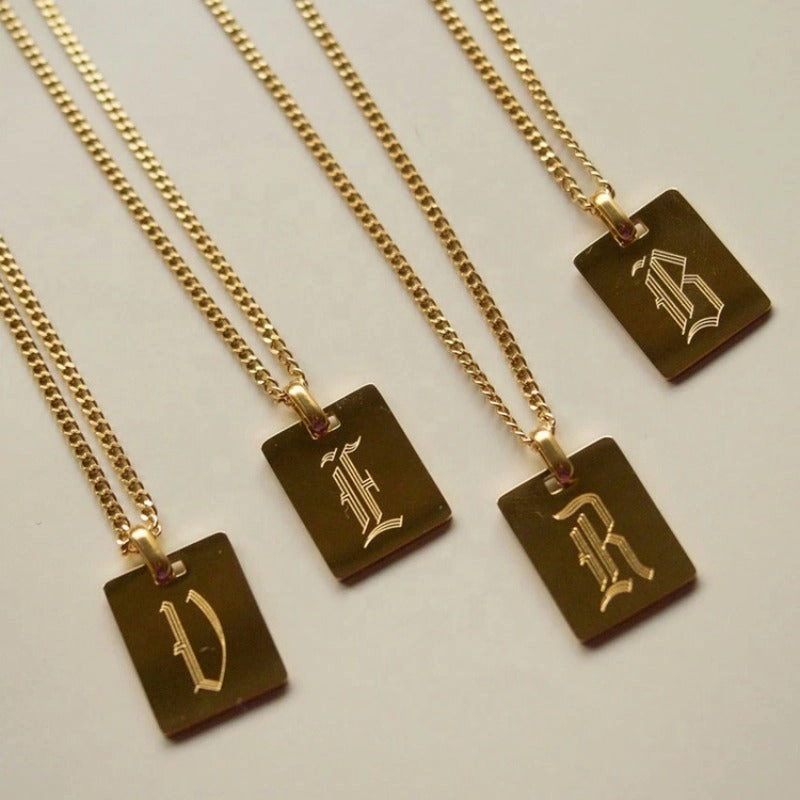 Wholesale Stainless Steel Square Plate Ancient Letter Necklace