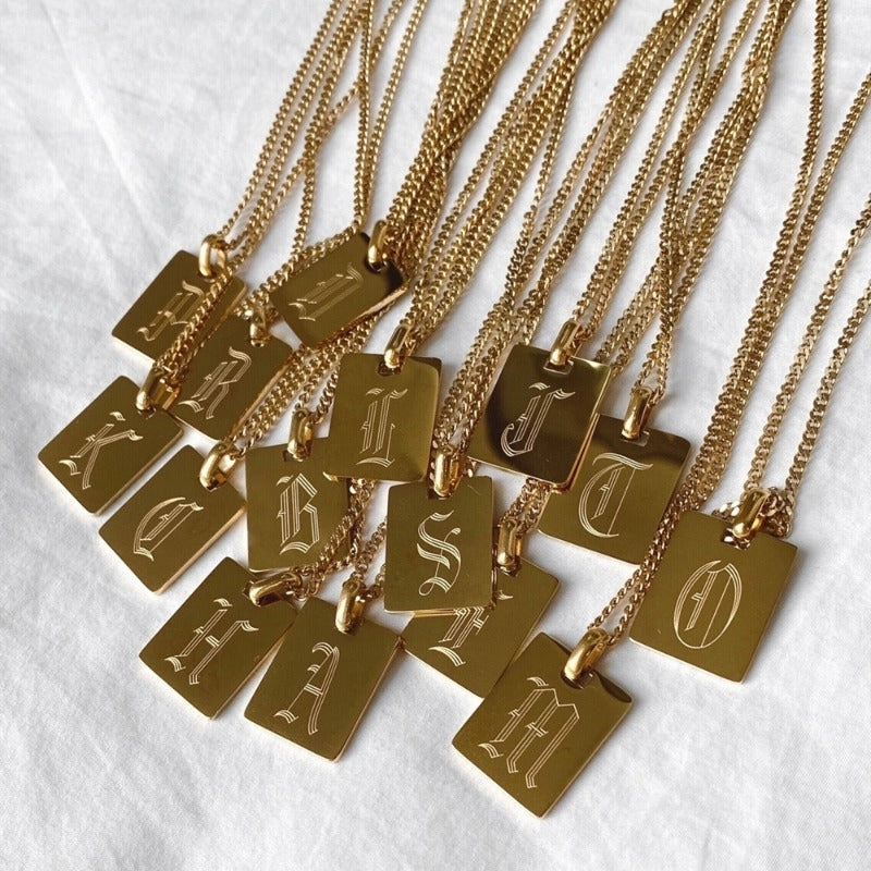 Wholesale Stainless Steel Square Plate Ancient Letter Necklace