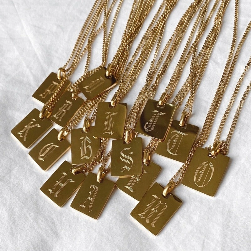 Wholesale Stainless Steel Square Plate Ancient Letter Necklace