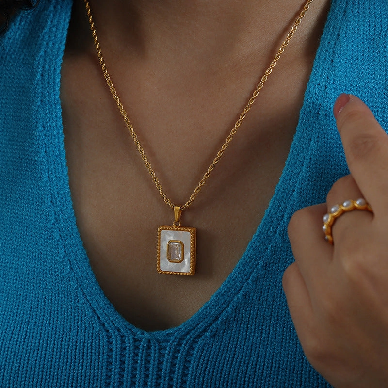 Wholesale Stainless Steel Twist Pendant Square White Shell 18K Gold Plated Necklace